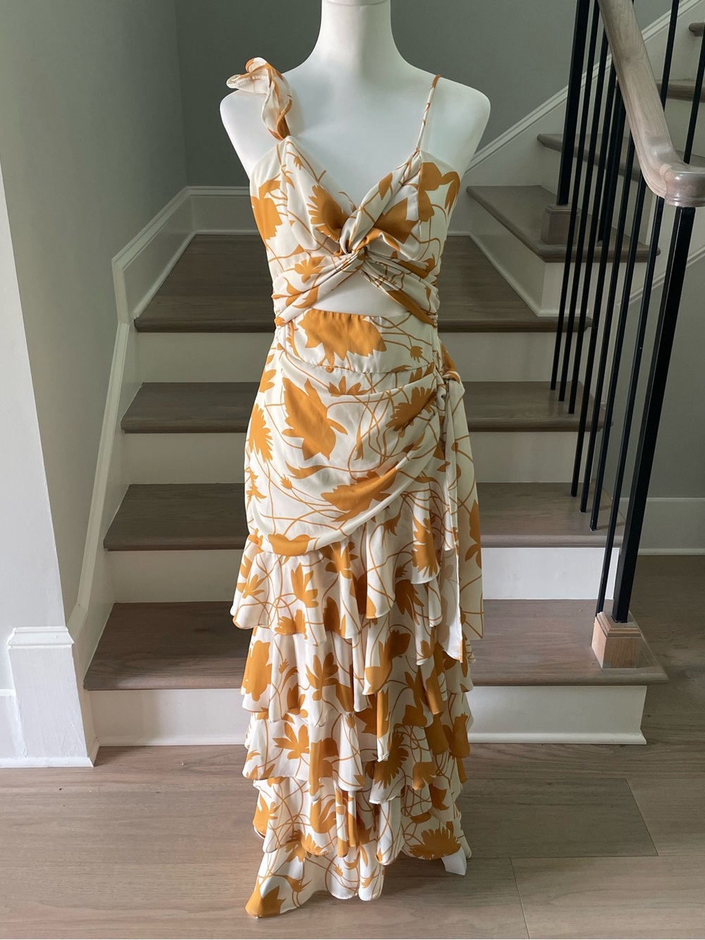 Pepita Pérez Tropical Yellow Floral Tiered Maxi Dress with Cutout